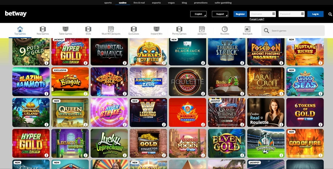 Screenshot Betway pagina principale sezione casino.