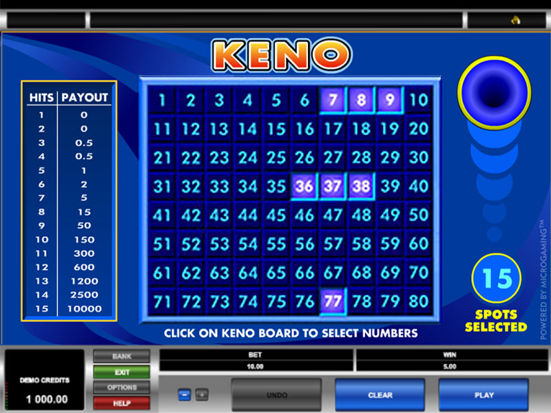 Esempio di tabella keno mobile con distribuzione statistica delle probabilità.