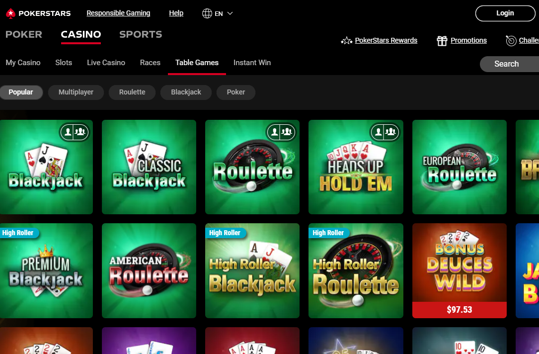 screenshot PokerStars Casino Carte e tavolo.