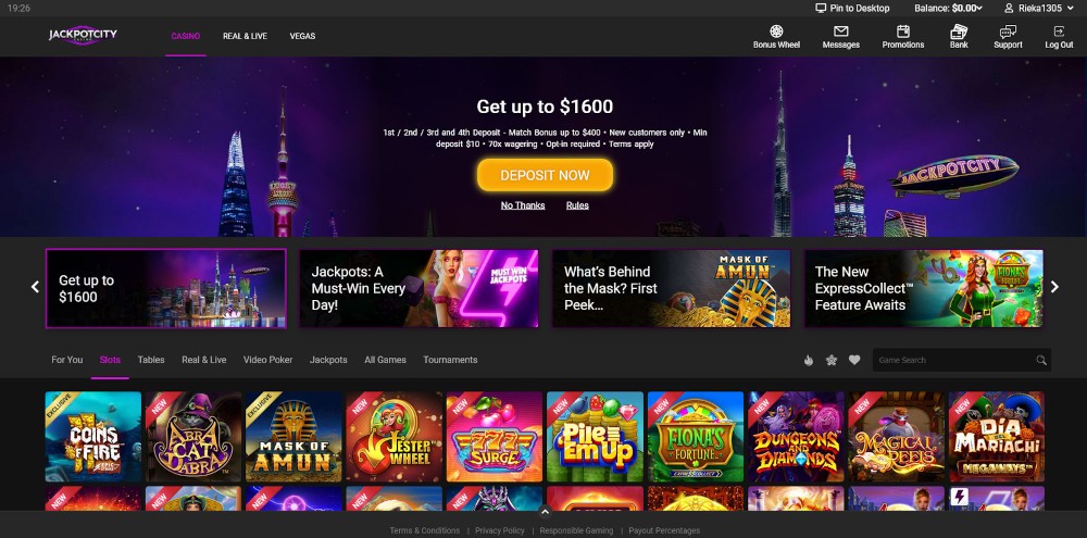 JackpotCity Casino homepage.