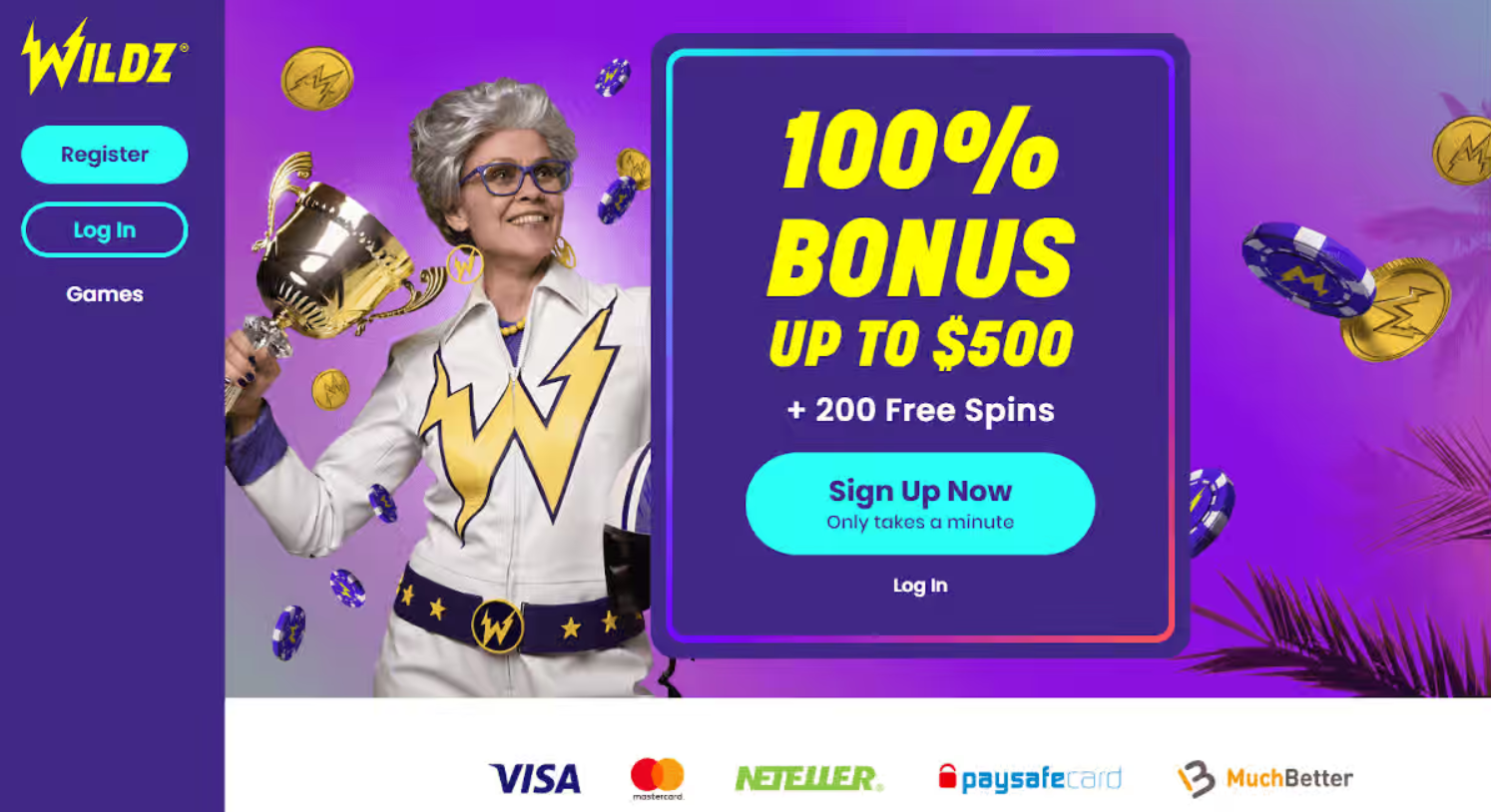 Wildz Online Casino NZ 500 Bonus 200 Free Spins Homepage.